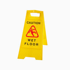 Yellow sign that alerts for wet floors  isolated on white background