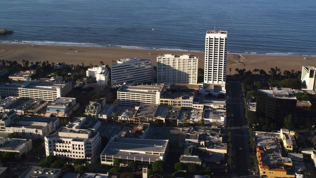 Flying over Santa Monica beachfront hotels toward Santa Monica Pier. Shot in 2010.
