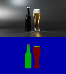 Beer Mockup: black bottle with filled glas infront of dark background