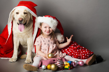 Christmas little girl with labrador dog