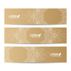 Geometric abstract golden banners. Molecule and communication background for website templates. Geometric abstract background with connected line and dots. Vector illustration.