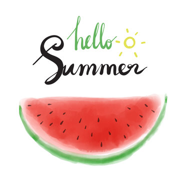 Watercolor watermelons and lettering hello summer