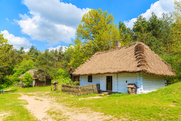 Fototapeta na wymiar An old rustic cottage house on green meadow in open air museum in Tokarnia village, Poland