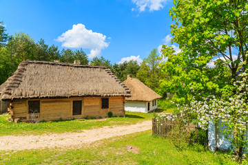 Fototapeta na wymiar An old rustic cottage house on green meadow in open air museum in Tokarnia village, Poland