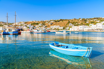 Typical blue and white color Greek fishing boat in Mykonos port on island of Mykonos, Cyclades, Greece © pkazmierczak