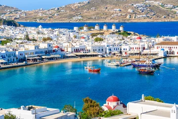 Tuinposter Eiland A view of Mykonos port with boats, Cyclades islands, Greece