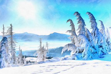 The works in the style of watercolor painting. Magical winter sn