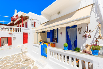 A view of whitewashed street with typical Greek houses in beautiful Mykonos town, Cyclades islands, Greece