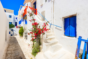 A view of whitewashed street with blue windows and flowers in beautiful Mykonos town, Cyclades islands, Greece