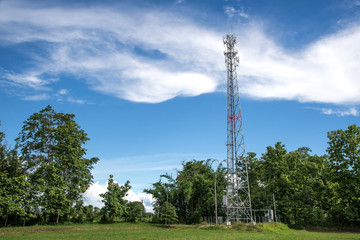 Mobile towers on blue sky,white cloud and tree background.