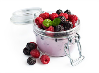 Yogurt with red and black raspberries