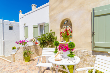 Flowers on white table in front of a typical Greek houses in Naoussa village, Paros island, Cyclades, Greece
