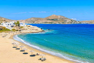 A view of beautiful bay with beach in Naoussa village, Paros island, Cyclades, Greece