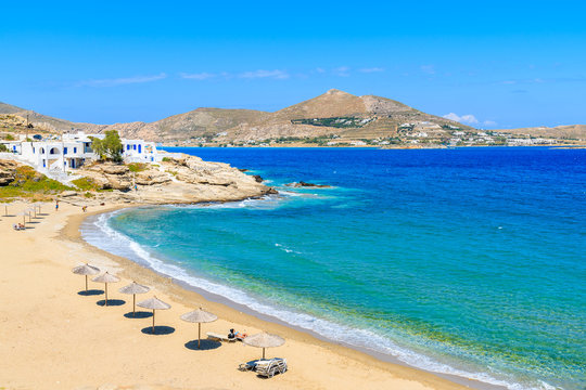 A view of beautiful bay with beach in Naoussa village, Paros island, Cyclades, Greece