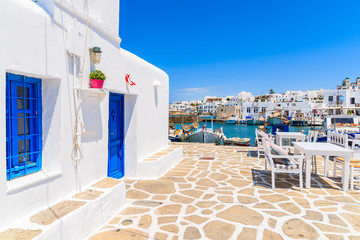 Typical Greek white church building in Naoussa port, Paros island, Cyclades, Greece
