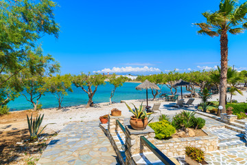 Coastal promenade and sea view in Naoussa village, Paros island, Cyclades, Greece