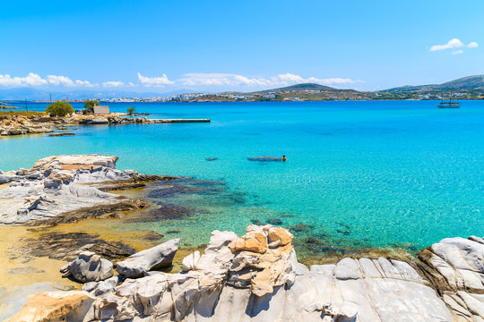 Crystal clear turquoise sea water of Kolymbithres beach, Paros island, Greece