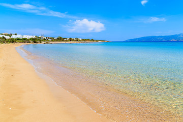 A view of beautiful sandy Santa Maria beach with turquoise sea water, Paros island, Greece