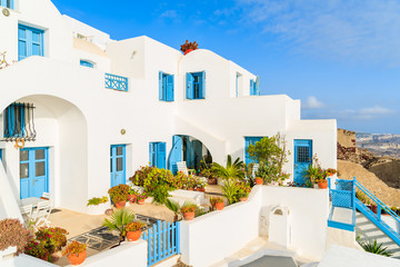 White architecture of Greek style apartments in Imerovigli village on Santorini island, Cyclades, Greece