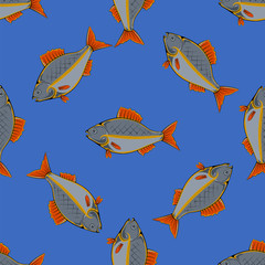Fresh Fish Isolated on Blue Background. Seamless Fish Pattern