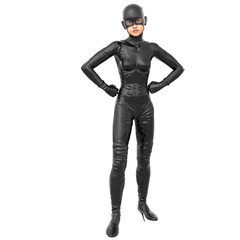 one teenage girl in a dark super suit. Posing standing looking at camera and holding hands on hips