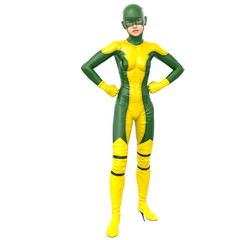 one teenage girl in a yellow green super suit. Posing standing looking at camera and holding hands on hips