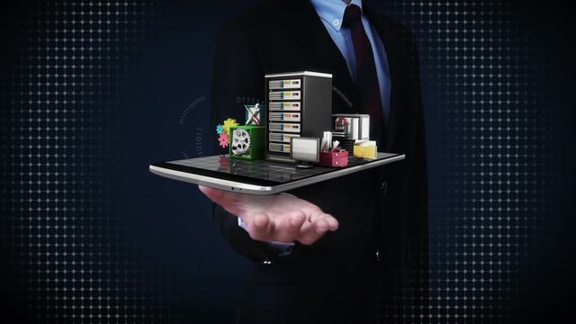 Businessman open palms, various security server service function for Smart phone. smart pad, mobile.