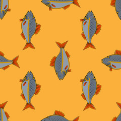 Fresh Fish Isolated on Orange Background. Seamless Fish Pattern