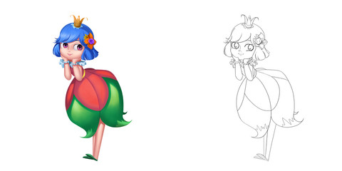 Coloring Book and Princess Girl Character Design Set 18 Lovely Attractive Cute Flower Fairy Princess isolated on White Background Realistic Fantastic Cartoon Style Character Story Card Sticker Design