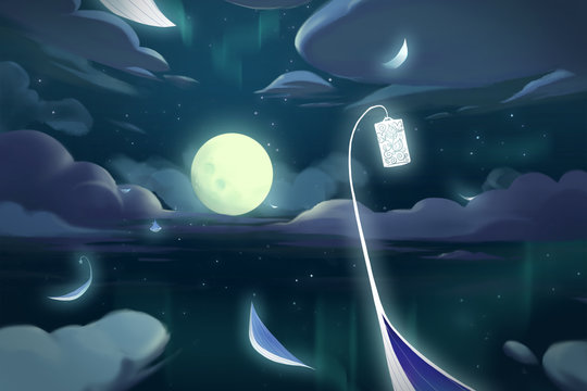 Video Game Digital CG Artwork Concept Art Illustration Set 5: The Fairy Boats in the Moon Night. Realistic Fantastic Cartoon Style Character, Background, Wallpaper, Story, Card Design