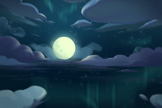 Video Game Digital CG Artwork Concept Art Illustration Set 5: The Moon Night above the Ocean. Realistic Fantastic Cartoon Style Character, Background, Wallpaper, Story, Card Design
