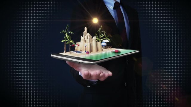 Businessman open palms, vacation travel application, Prepare to travel for summer vacation, tour on smart pad, mobile, smart phone.