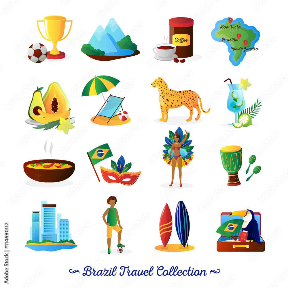 Sticker Brazilian Culture  Symbols Flat Icons Set