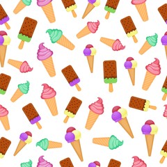 Vector seamless pattern with colorful ice cream. Dessert design. Flat cartoon style. Vector illustration. Collection of sweets. Cartoon flat style