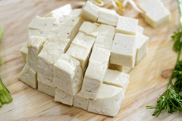 Tofu cheese on cutting board