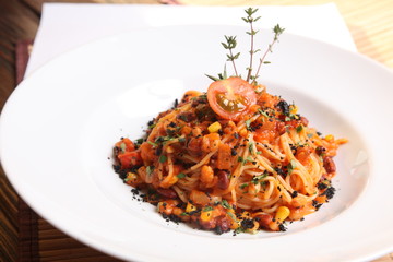 Mexican-style spaghetti on plate