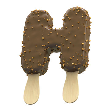 Ice cream covered with chocolate and nuts font
