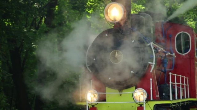 Close up of historic retro steam train in the forest