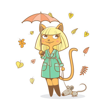 Postcard with cute cartoon  cat girl in  coat  under  umbrella and mouse. Autumn season. Rainy weather.  Falling leaves. Children's illustration. Vector image.