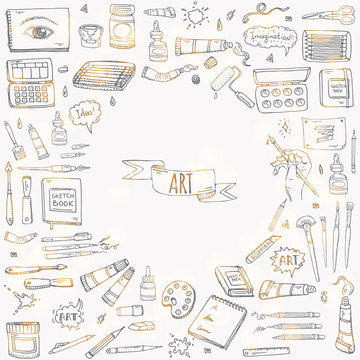 Hand drawn doodle Art and Craft tools icons set Vector illustration art instruments symbols collection Cartoon various art tools Brush Watercolor Paint Artist elements on white background Sketch