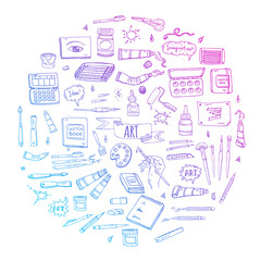 Hand drawn doodle Art and Craft tools icons set Vector illustration art instruments symbols collection Cartoon various art tools Brush Watercolor Paint Artist elements on white background Sketch