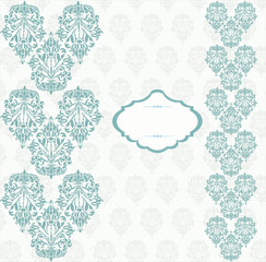Vector Damask Classic ornament pattern background. Place for text. Serenity blue colors