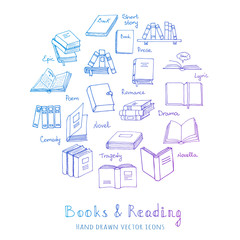 Hand drawn doodle Books Reading set Vector illustration Sketchy book icons elements Vector symbols of reading and learning Book club illustration Back to school Education University College symbols