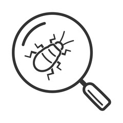 Magnifying glass above bug. Line style icon..