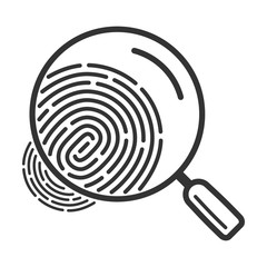 Magnifying glass over fingerprint. Line style icon. Isolated on white..