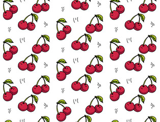 Seamless background hand drawn doodle red cherry icons set Vector illustration seasonal berry symbols collection Cartoon seamless pattern of cherry Hand painted cherry on white background Sketch
