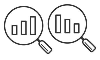 Increase-decrease magnifiers icons with diagrams. Line style..