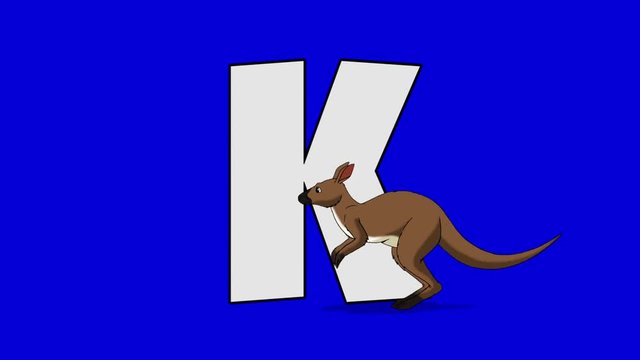 Letter K and  Kangaroo  (foreground)	Animated animal alphabet. Motion graphic with chroma key. Animal in a foreground of a letter.
