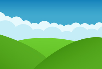 Simple grass, clouds and blue sky vector landscape.