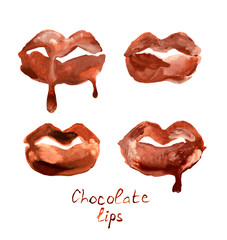 Set with four watercolor hand drawn beautiful chocolate lips 